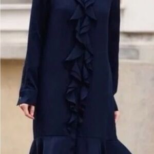 Tory Burch Midnight Navy Long-Sleeve Ruffle-Front Dress